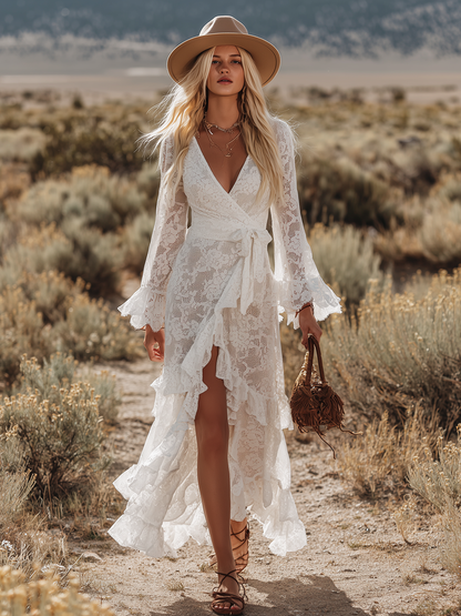 Western-style Vintage V-neck Long-sleeved Ruffled Lace Maxi Dress