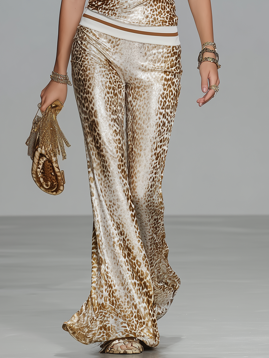 Stylish Retro Leopard Print Short Sleeve T-shirt And Flared Trousers Set