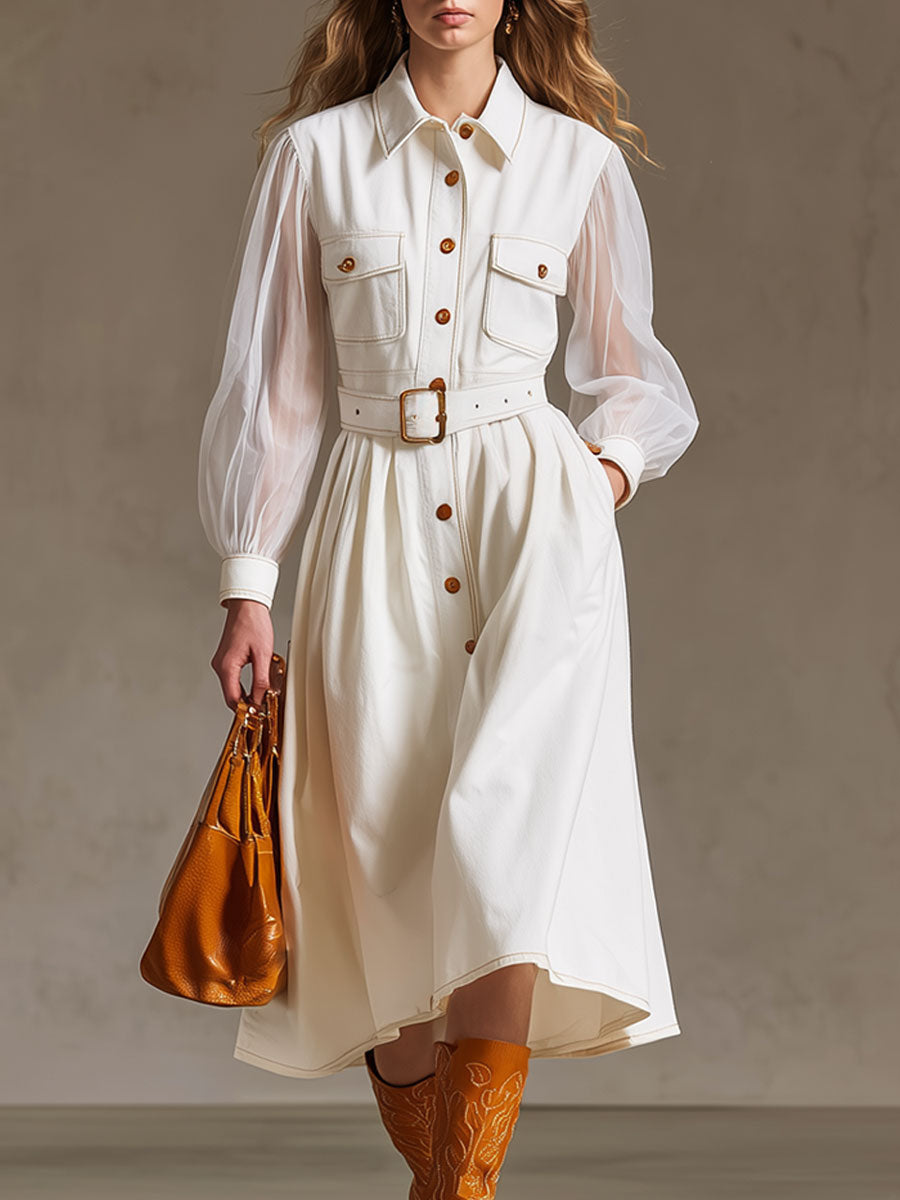 Western-style Vintage Long-sleeved White Cotton A-line Midi Dress