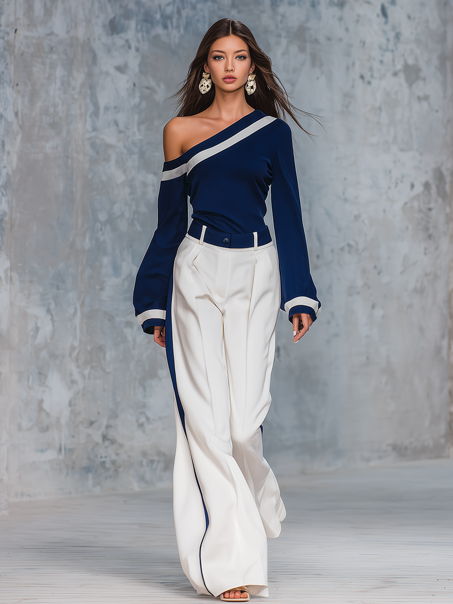 Vintage Charming One-shoulder Top And Wide-leg Pants Set