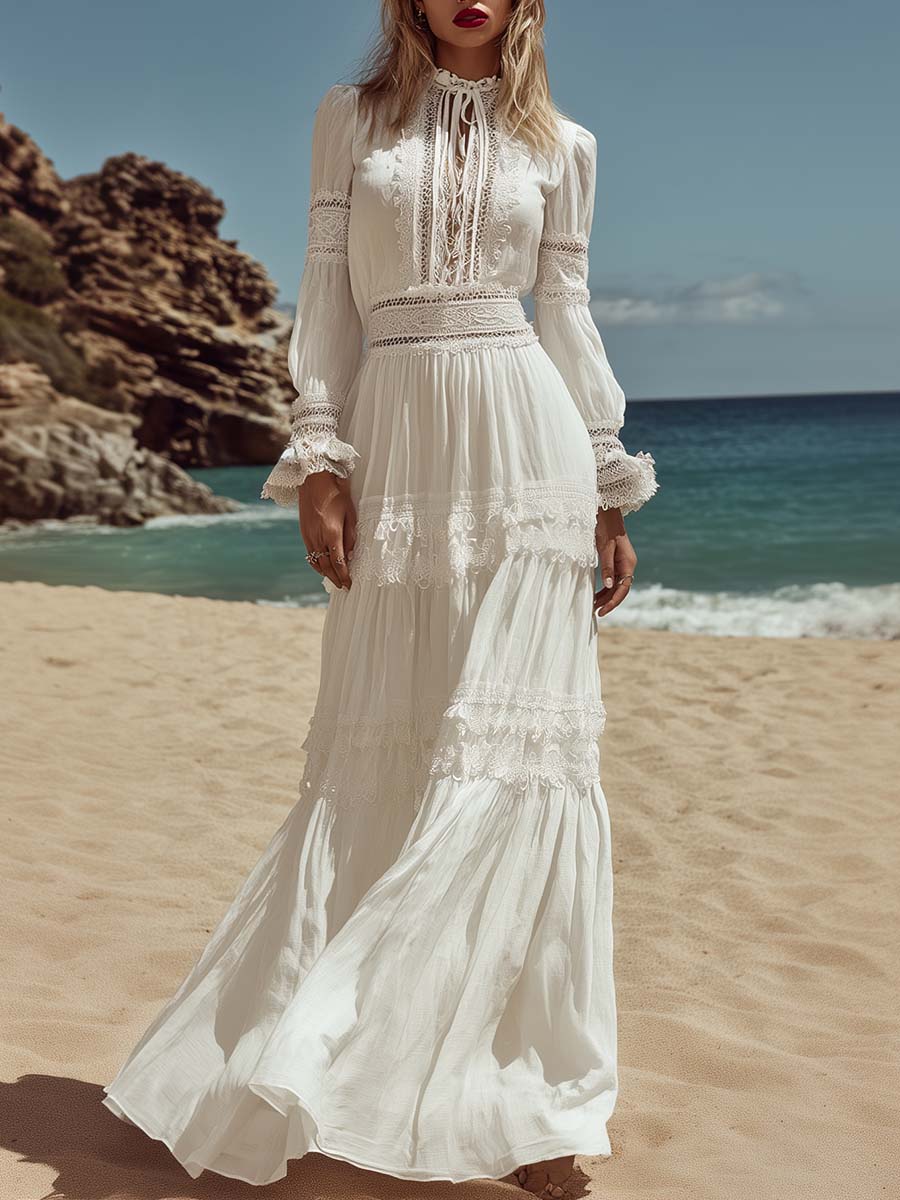 Elegant Retro Bohemian Style Round Neck Lace Trim White Cotton Maxi Dress