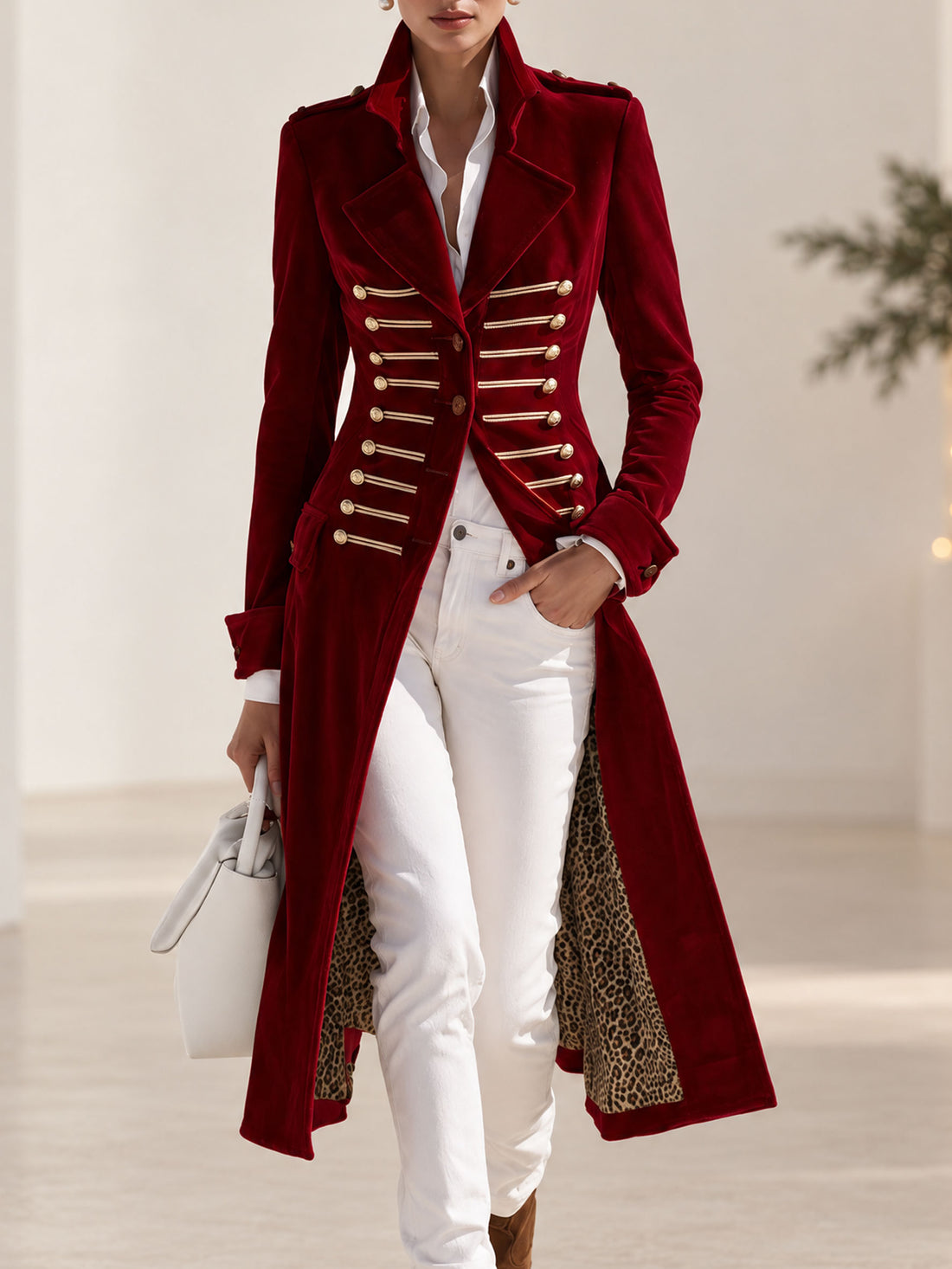 Stylish Retro Military-style Leopard Print Lining Red Velvet Gold Button Loop Coat