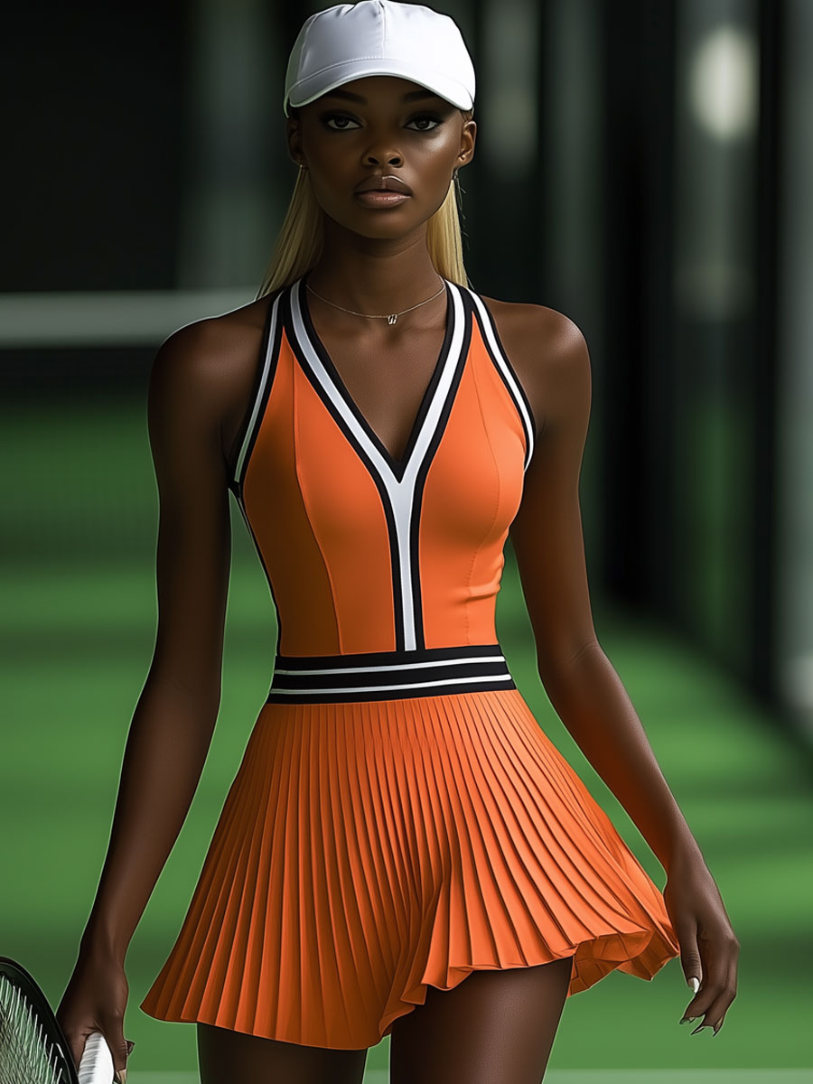 Fashionable Sports Black And White Trim Orange Sleeveless Pleated Mini Dress