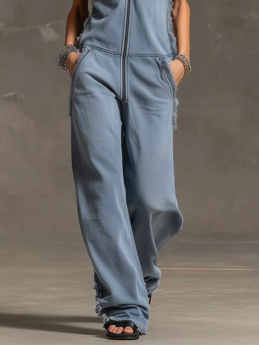 Fashionable Retro Blue-grey Denim Zipper Sleeveless Frayed Edge Jumpsuit