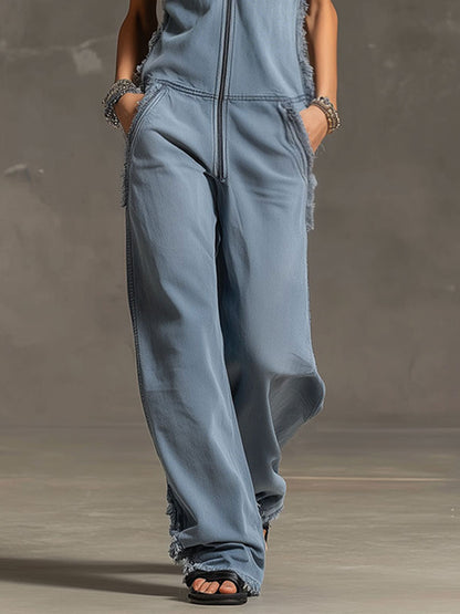 Fashionable Retro Blue-grey Denim Zipper Sleeveless Frayed Edge Jumpsuit