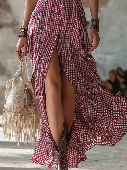Stylish Western-style Red Checkered Lapel Sleeveless Maxi Dress