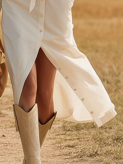 Western-style Casual White Button-down Cotton Midi Dress
