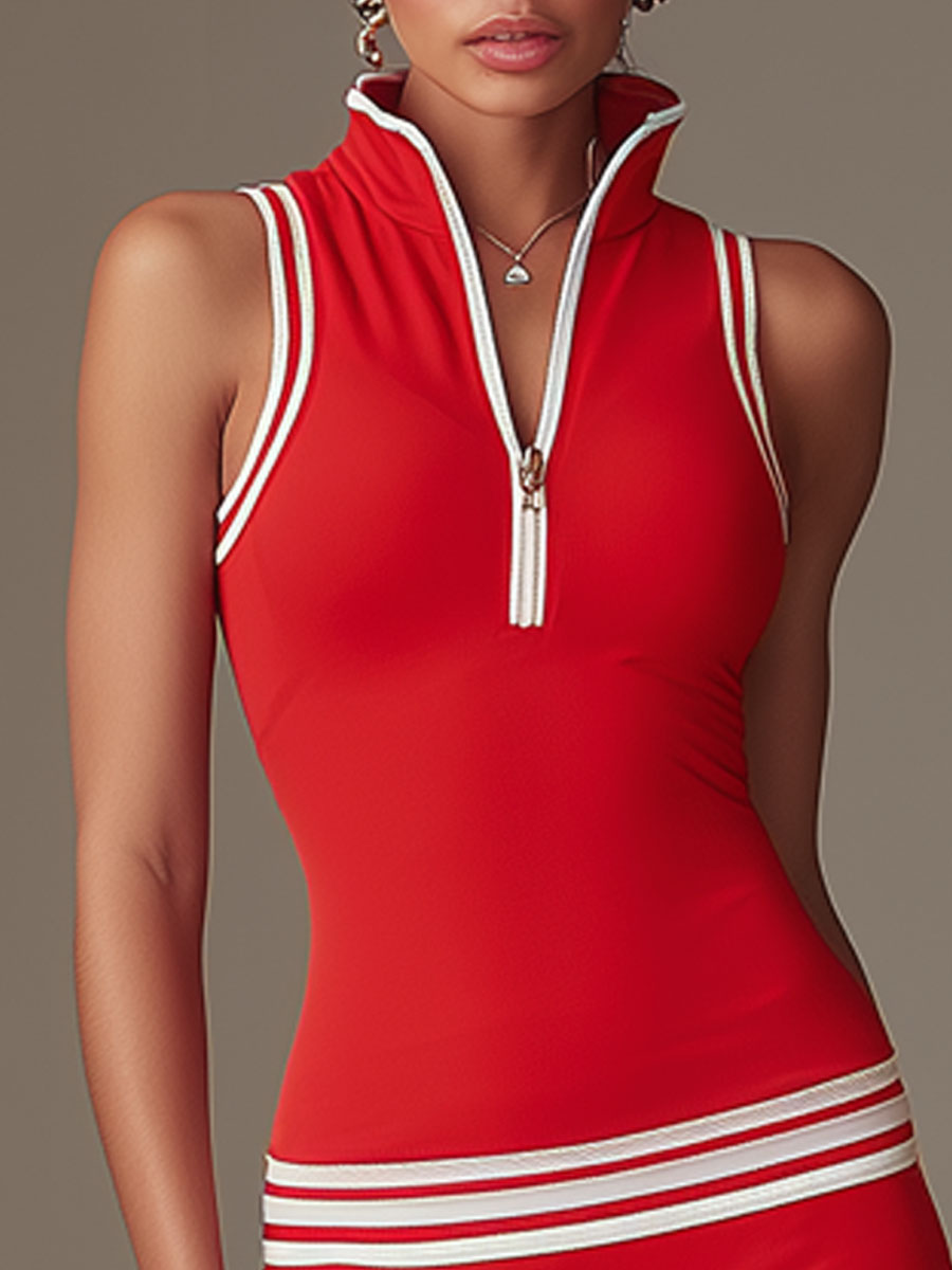 Casual Sporty White Striped Red Lycra Sleeveless Ruffled Mini Dress