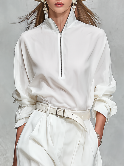 Elegant High-quality Zip-up Collar Long-sleeved Shirt And Wide-leg Pants Set