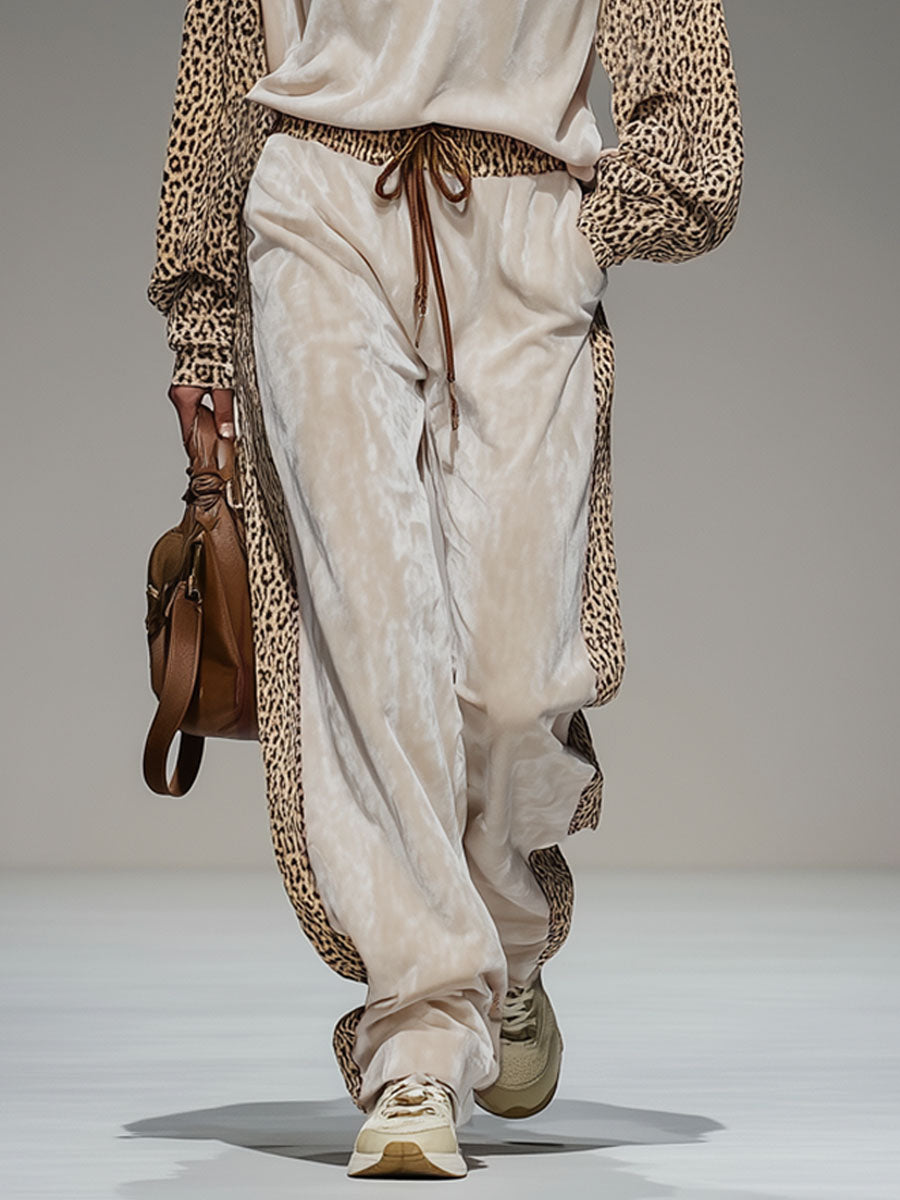 Lapel Collar Zip-up Color-blocked Leopard Print And Velvet Patchwork Set