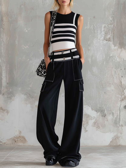 Stylish Sporty Black Striped Knit Vest Cotton Wide-Leg Pants Set