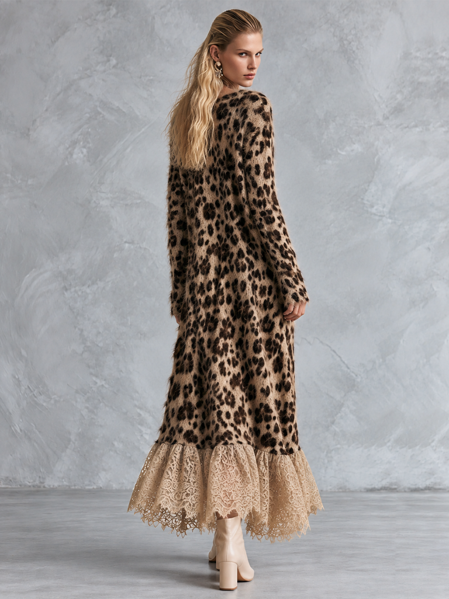 Cozy Lace Hem Long-haired Leopard Print V-neck Knit Maxi Dress