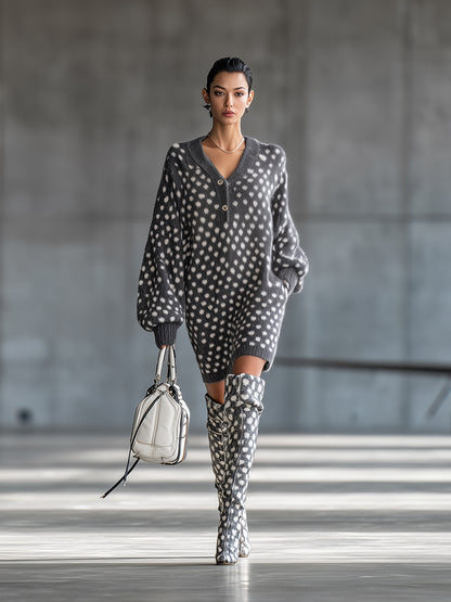 Fashionable Grey Knit White Polka Dot Textured Round Neck Midi Dress