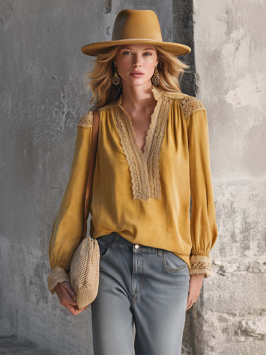 Elegant Vintage Western Lace V-neck Ginger Yellow Corduroy Blouse