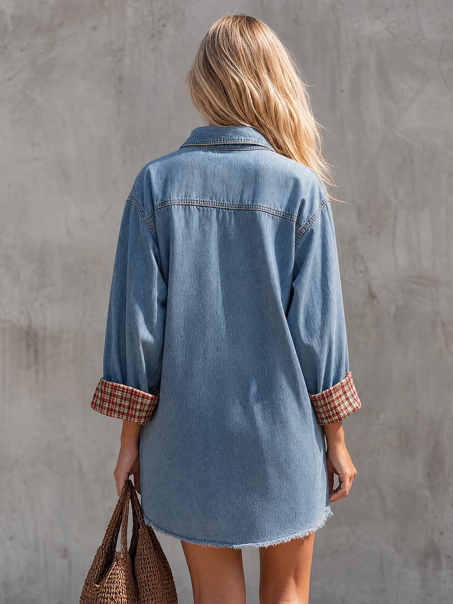 American-style Lapel Plaid Cuffed Big-pocket Distressed Denim Dress