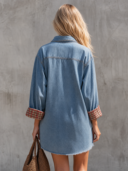 American-style Lapel Plaid Cuffed Big-pocket Distressed Denim Dress