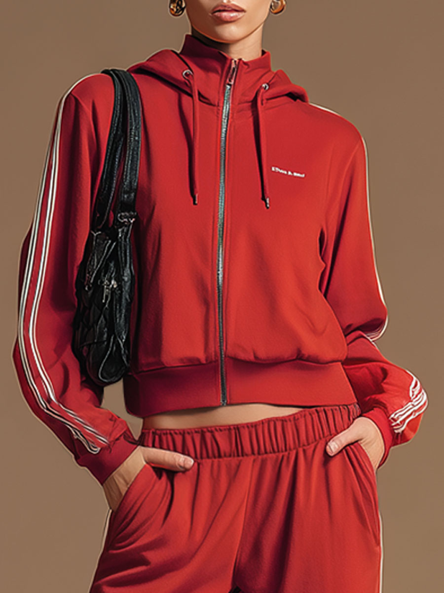 Sporty Retro Ribbon Embroidered Red Zipper Hooded Sweatshirt And Wide-Leg Pants Set