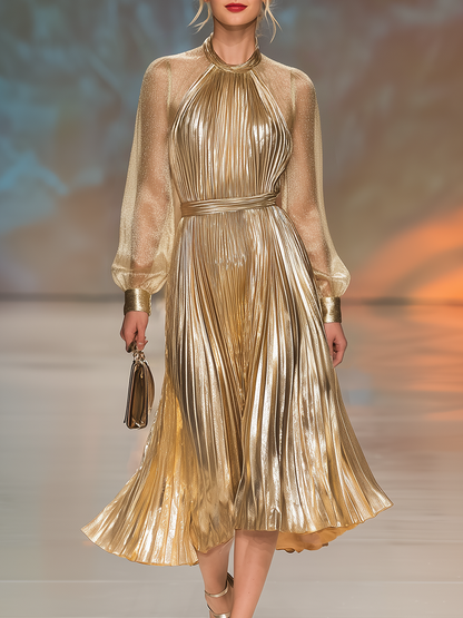 Elegant Stylish Round Neck Pleated Midi Dress