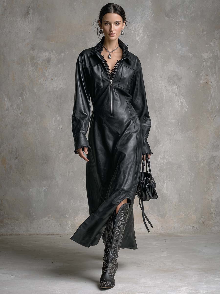 Vintage Temperament Lace Details Front Zipper High-quality Black Slit Leather Maxi Dress