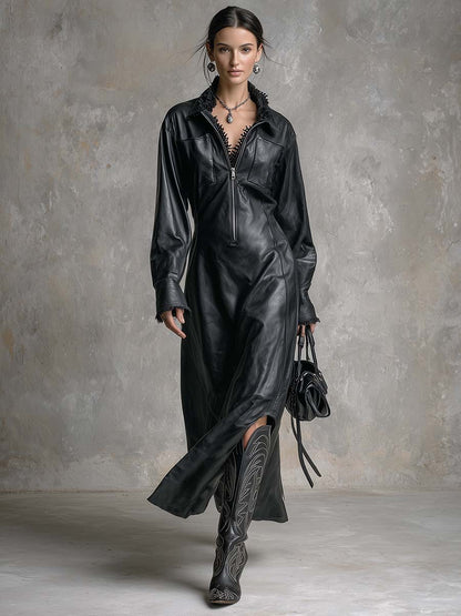 Vintage Temperament Lace Details Front Zipper High-quality Black Slit Leather Maxi Dress