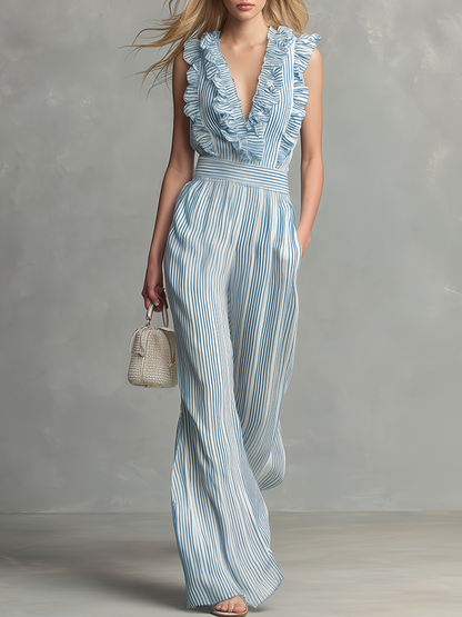 Stylish And Casual Ruffled V-neck Sleeveless Top And Trousers Set