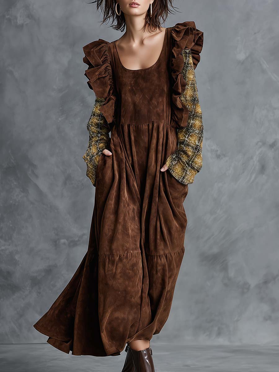 Elegant Vintage Bubble Hem Distressed Plaid Sleeves Brown Suede Midi Dress
