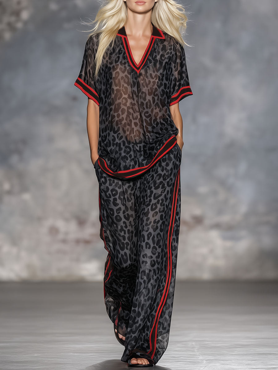 Leopard Print Chiffon Short-sleeved Top And Trousers Set