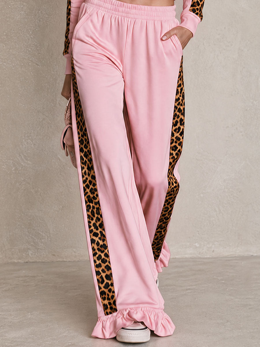 Retro Sporty Leopard Print Woven Pink Cotton Top And Ruffled Pants Set