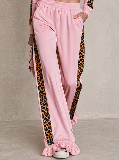 Retro Sporty Leopard Print Woven Pink Cotton Top And Ruffled Pants Set