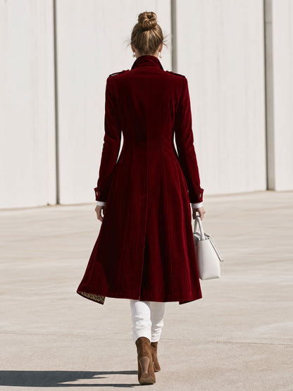Stylish Retro Military-style Leopard Print Lining Red Velvet Gold Button Loop Coat