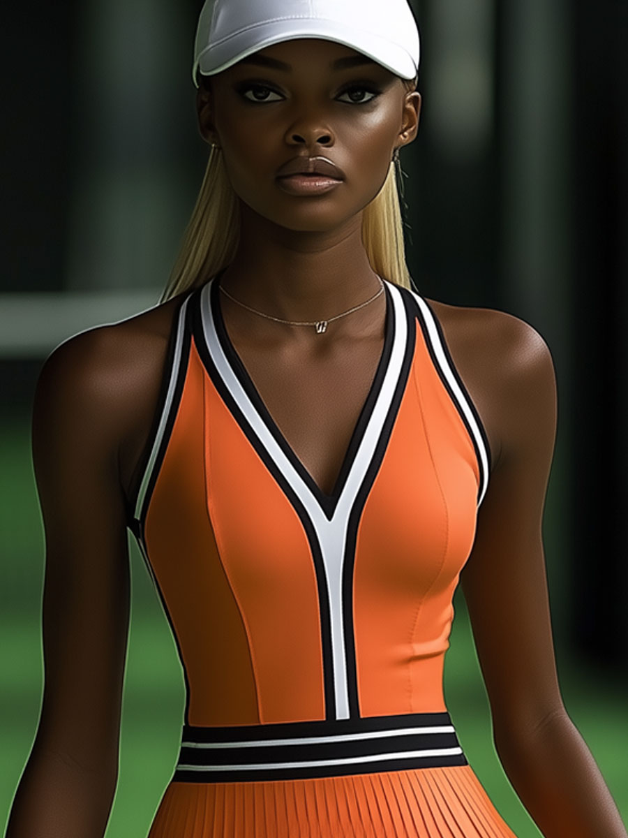 Fashionable Sports Black And White Trim Orange Sleeveless Pleated Mini Dress