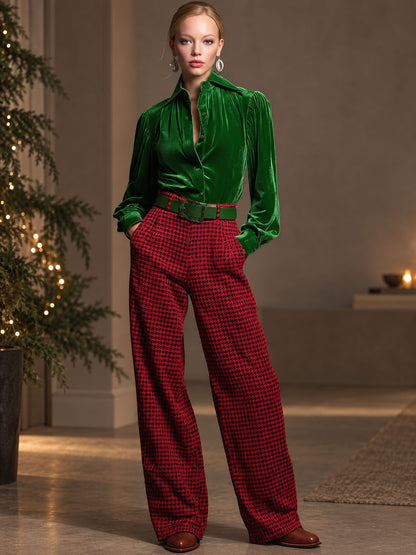 Retro Green Velvet Pleated Long-sleeved Shirt And Houndstooth Wide-leg Pants Set