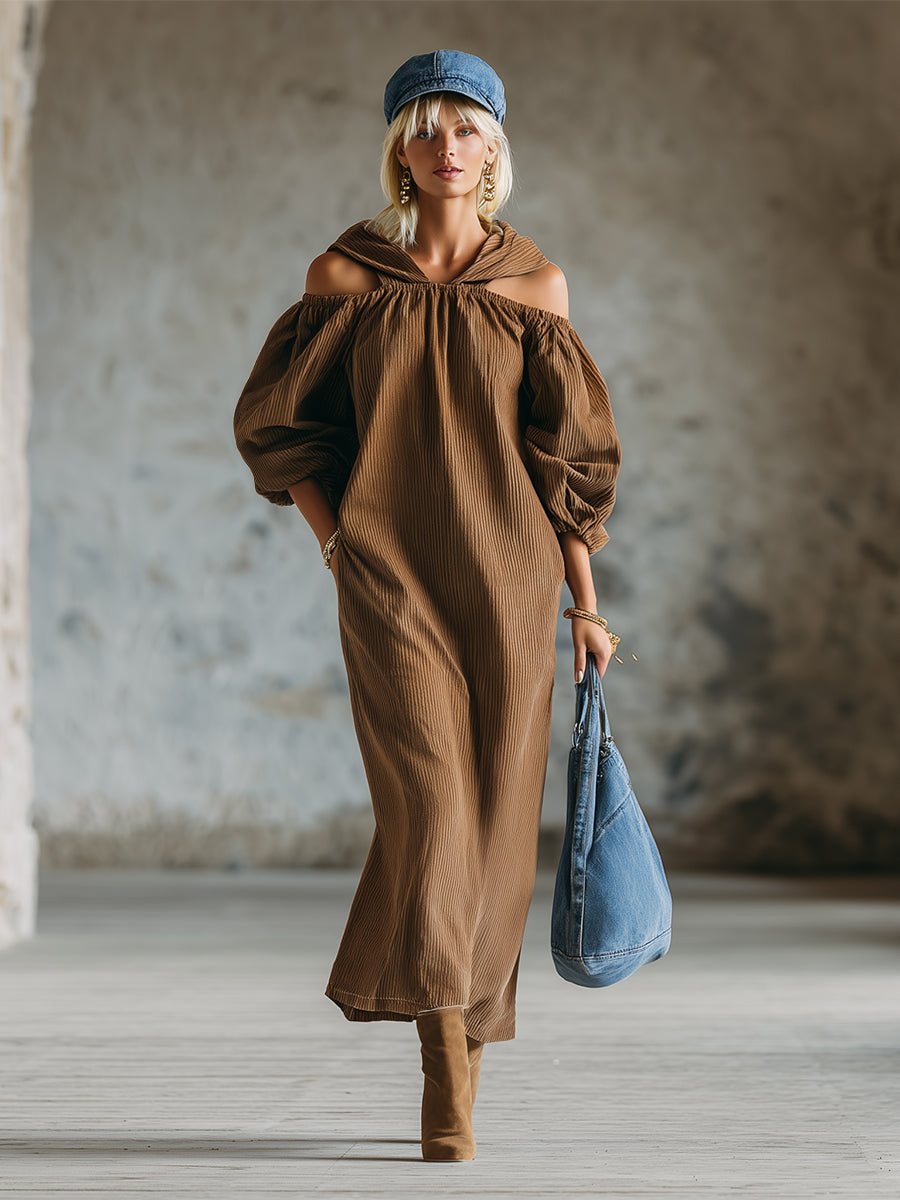Casual Urban Style Caramel-colored Corduroy Hooded Off-the-shoulder Long-sleeved Maxi Dress