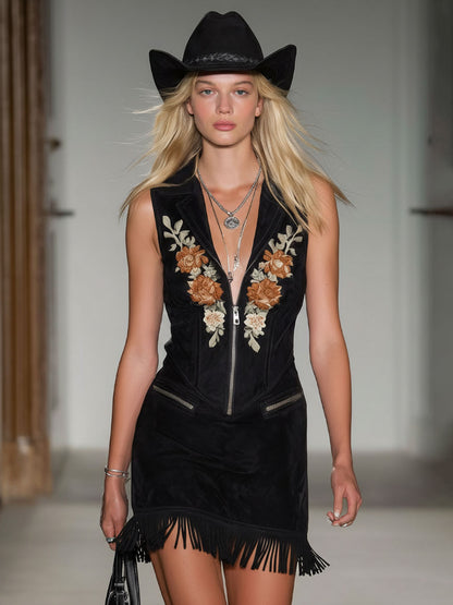 Black Faux Suede Vintage Floral Embroidered Zip-up Mini Dress