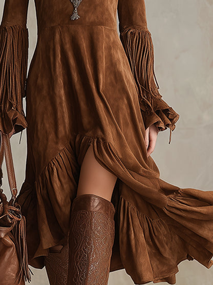 Vintage Bohemian Brown Faux Suede Cuff Tassel Midi Dress
