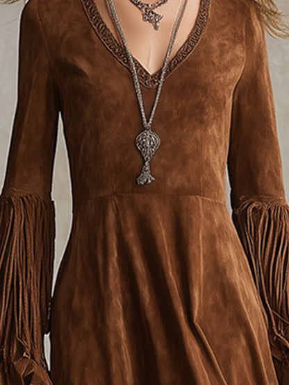 Vintage Bohemian Brown Faux Suede Cuff Tassel Midi Dress