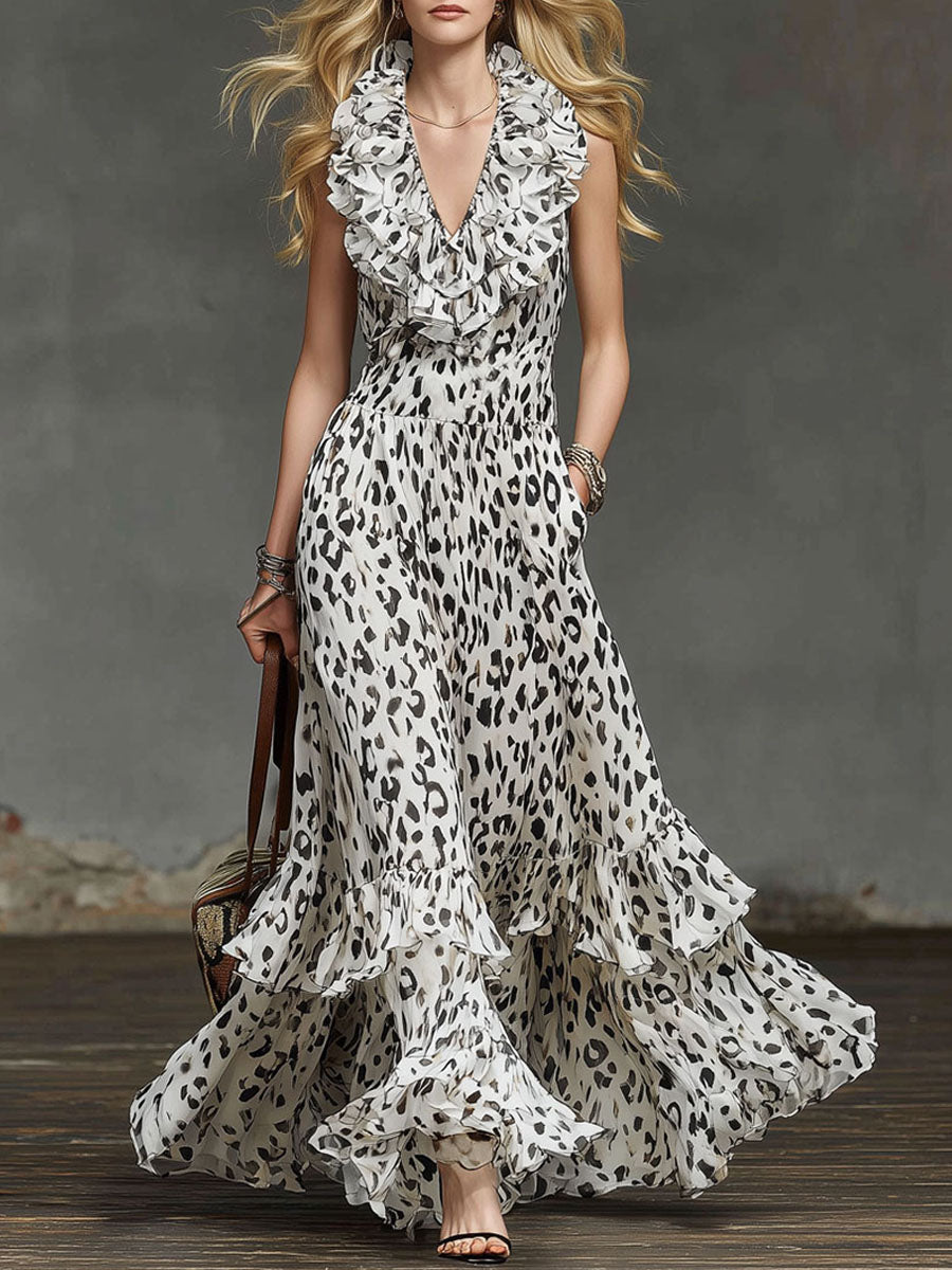 Leopard Print Ruffled V-neck Chiffon Sleeveless Maxi Dress