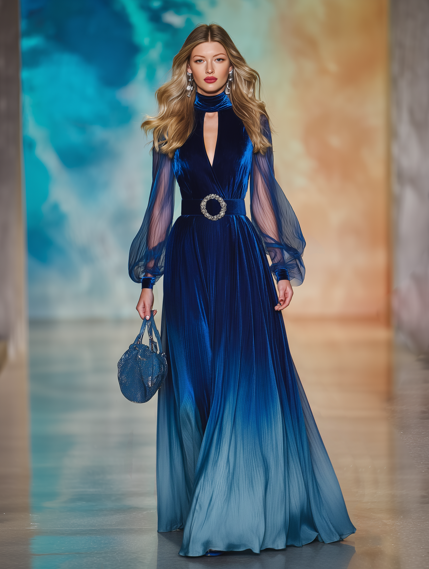 Elegant And Romantic Openwork Collar Sheer Sleeves Gradient Chiffon Maxi Dress