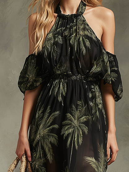 Elegant Vacation Black Chiffon Halter-neck Maxi Dress