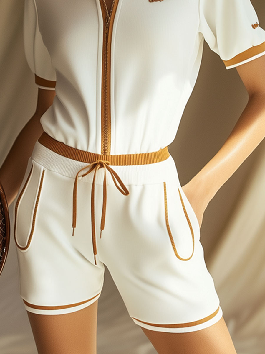 Casual Fashion Zipper Camel Trim White Short Sleeve Shorts Embroidery Set