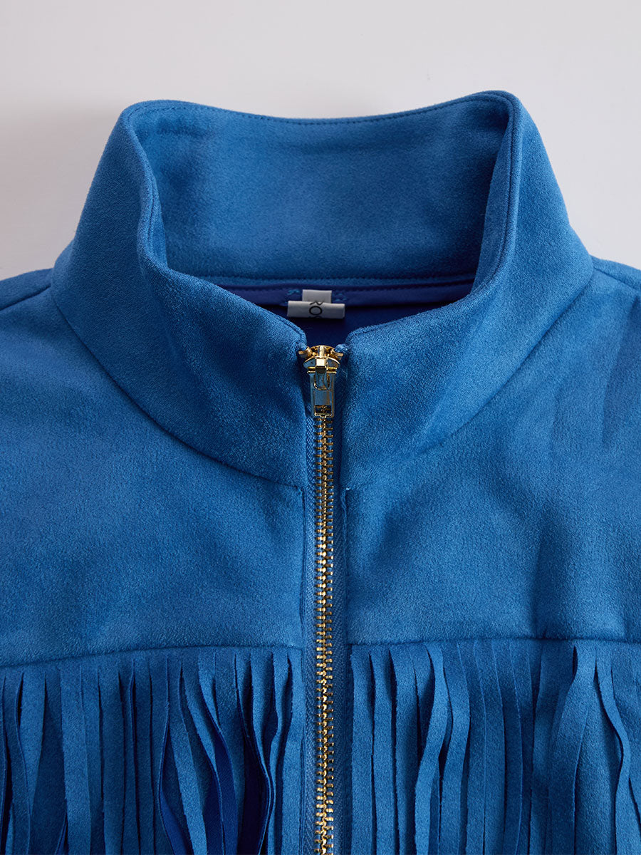 Retro Western Style Zippered Collar Blue Fringed Faux Suede Mini Dress