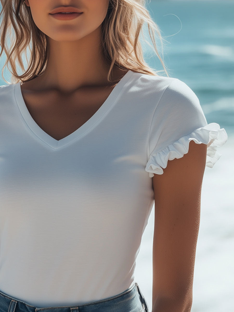 Casual Loose V-Neck Ruffle Short Sleeve T-Shirt