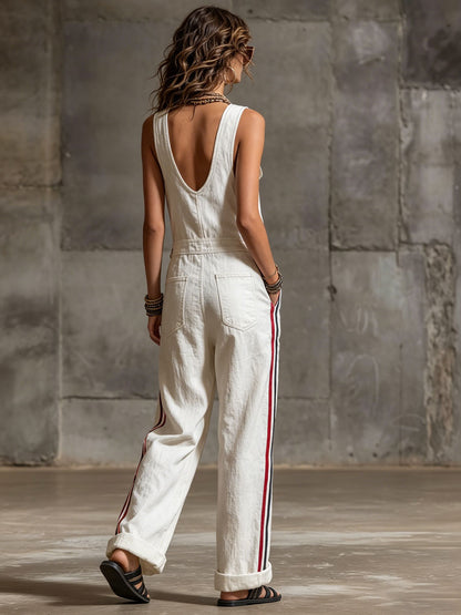 Casual Retro Striped Webbing White Cotton Linen Sleeveless Overalls Jumpsuit