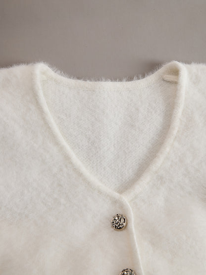 White Mohair V-neck Button Imitation Ostrich Feather Midi Dress