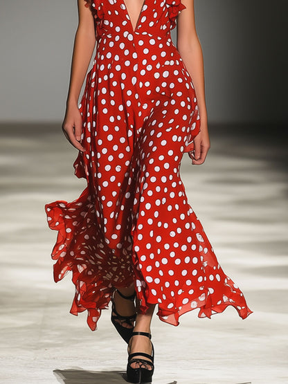 Fashion Holiday Chiffon Polka Dot V-Neck Ruffle Sleeveless Maxi Dress