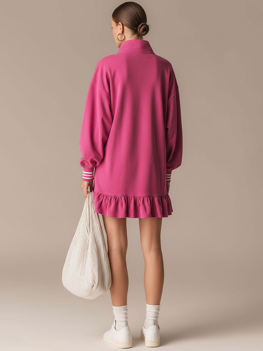 Sporty Retro Pink Cotton Half-Zip Ruffle Sweatshirt Mini Dress