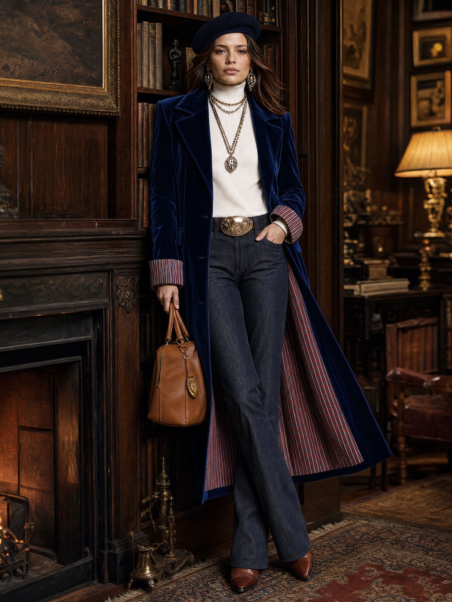 Fashionable Retro Striped Patchwork Royal Blue Velvet Mid-length Coat