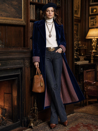 Fashionable Retro Striped Patchwork Royal Blue Velvet Mid-length Coat