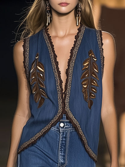 Casual Loose Retro Leaf Embroidery Ribbon Trim Denim Vest