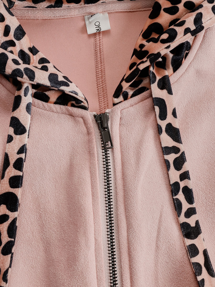 Western Retro Pink Faux Suede Sleeveless Leopard Print Hooded Wide-Leg Jumpsuit